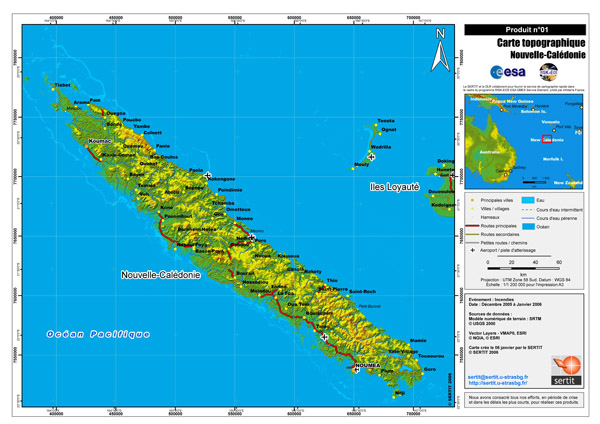 Large detailed topographical map of New Caledonia with all cities, roads and airports.