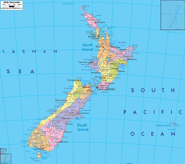 Large detailed administrative map of New Zealand with roads, cities and airports.
