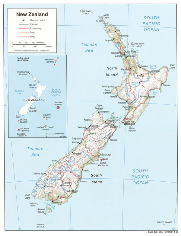 Large detailed political and relief map of New Zealand with roads and cities.