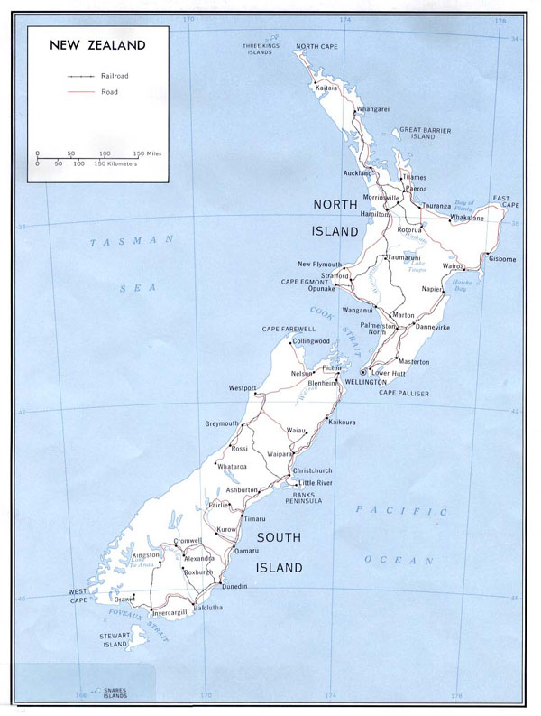 Large detailed political map of New Zealand with roads and cities.