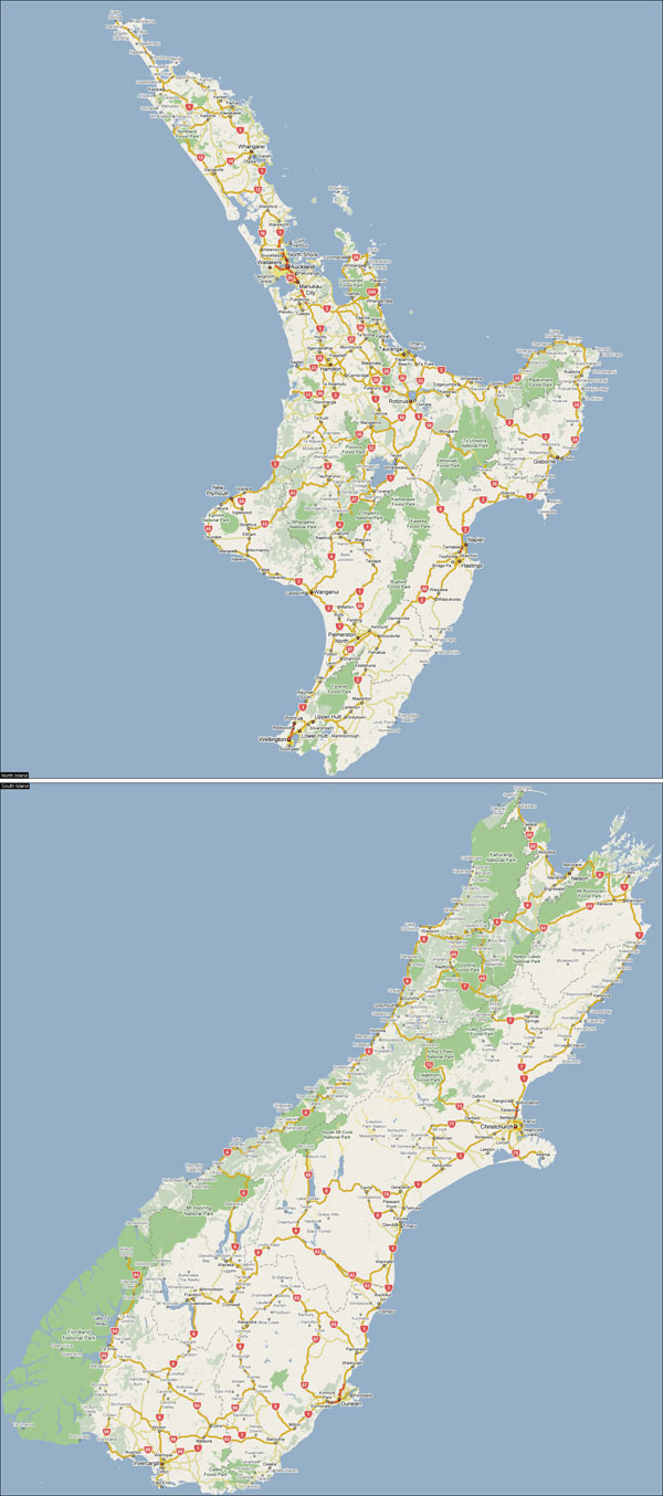 Large detailed road map of New Zealand with cities.