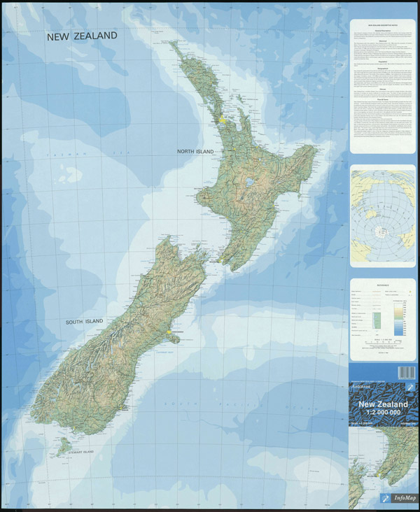 Large detailed topographical map of New Zealand with all cities and roads.