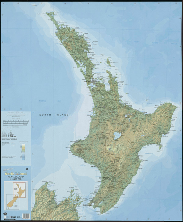 Large detailed topographical map of North Island, New Zealand with all cities and roads.
