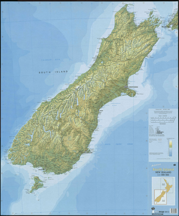 Large detailed topographical map of South Island, New Zealand with all cities and roads.