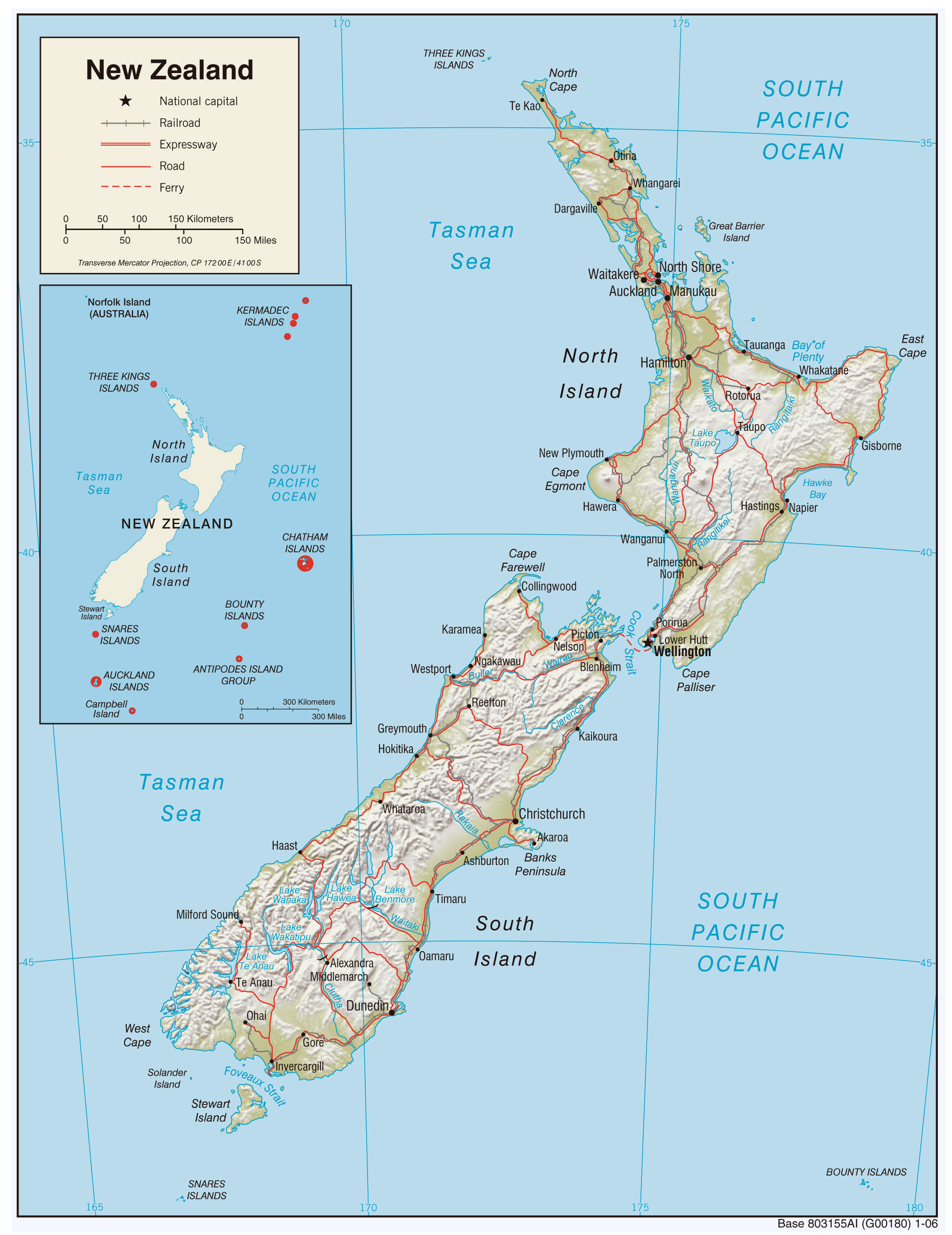 Large political and relief map of New Zealand with roads and cities