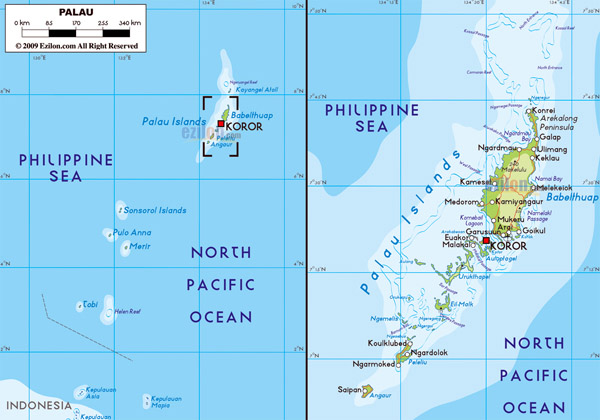 Large detailed physical map of Palau with all roads, cities and airports.