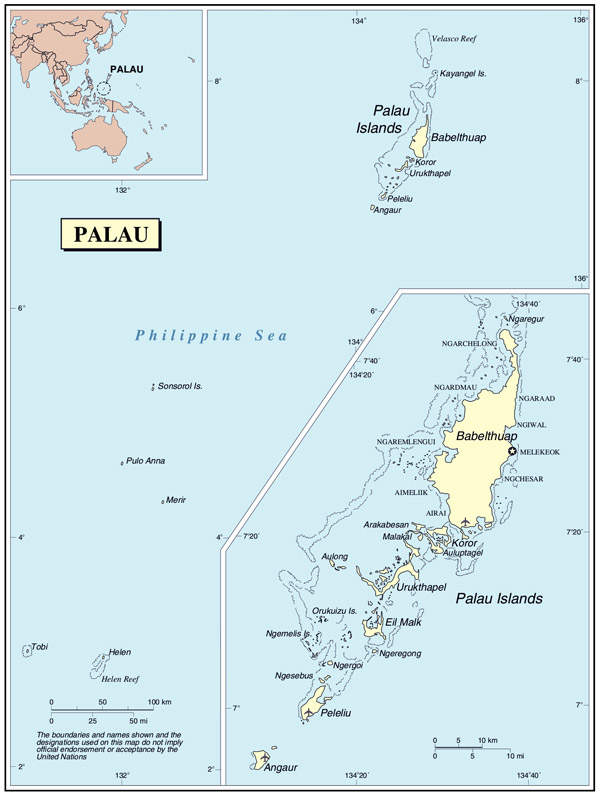 Large detailed political map of Palau with cities and airports.