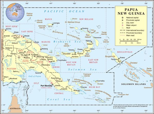 Detailed political and administrative map of Papua New Guinea with roads and cities.