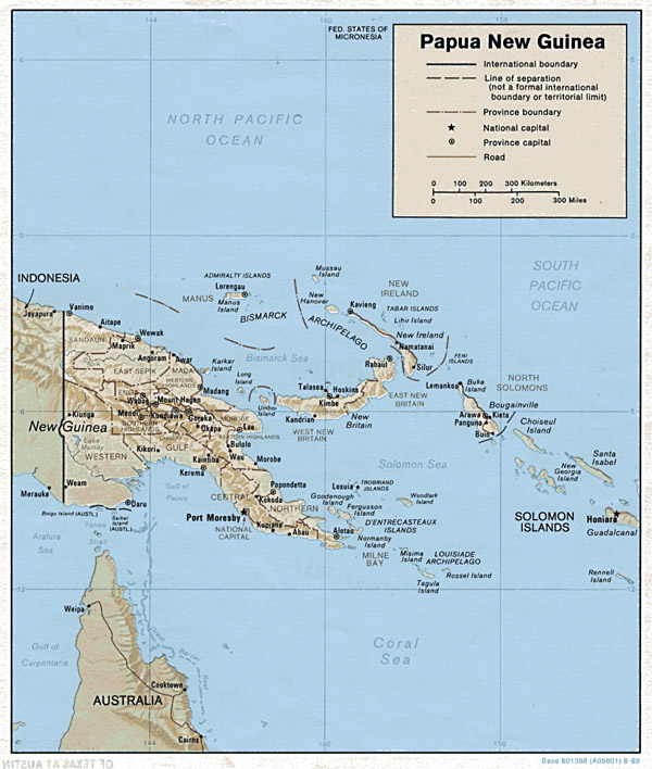 Detailed political and relief map of Papua New Guinea with cities.