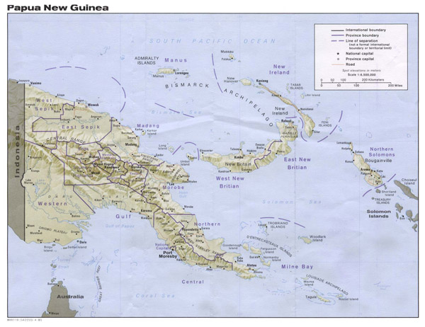 Large detailed administrative and relief map of Papua New Guinea with roads and cities.