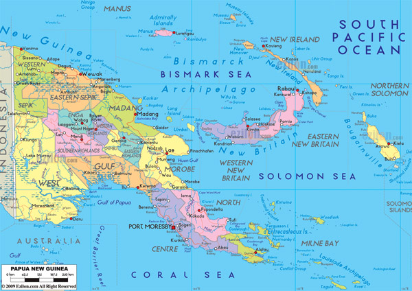 Large detailed administrative map of Papua New Guinea with roads and cities.