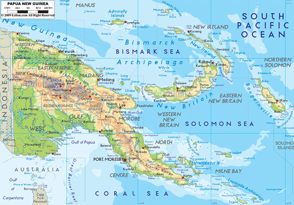 Large detailed physical map of Papua New Guinea with roads and cities.