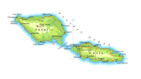 Detailed physical map of Samoa with roads and cities.