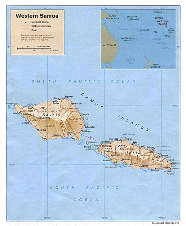 Detailed political and relief map of Samoa with cities and roads.