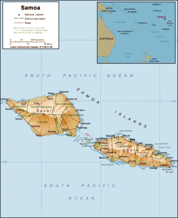 Large detailed administrative and relief map of Samoa with cities and roads.