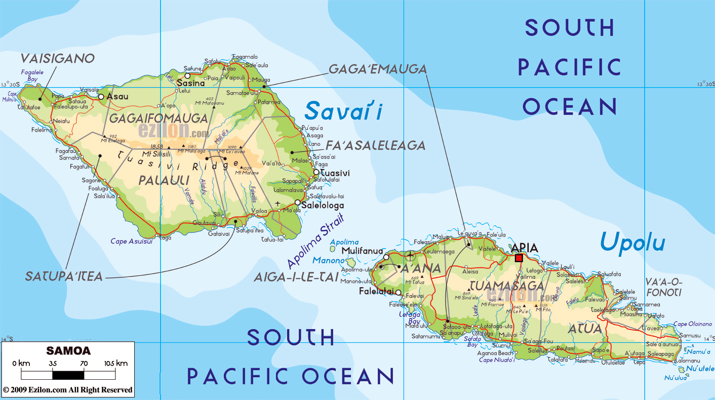 Large detailed physical map of Samoa with cities, roads and airports
