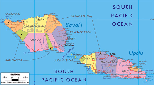 Large detailed political and administrative map of Samoa with cities, roads and airports.