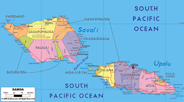 Large detailed political and administrative map of Samoa with cities, roads and airports.