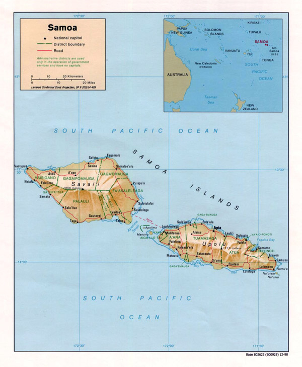 Large detailed political and relief map of Samoa with cities and roads.