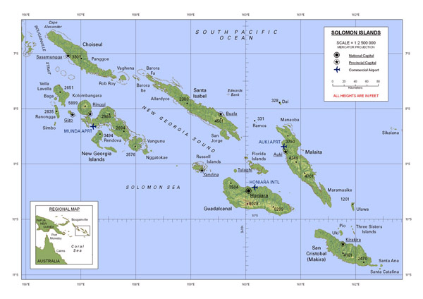 Large detailed map of Solomon Islands with all cities and airports.