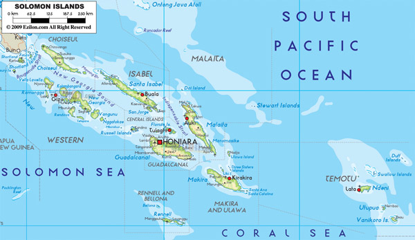 Large detailed physical map of Solomon Islands with all cities and airports.