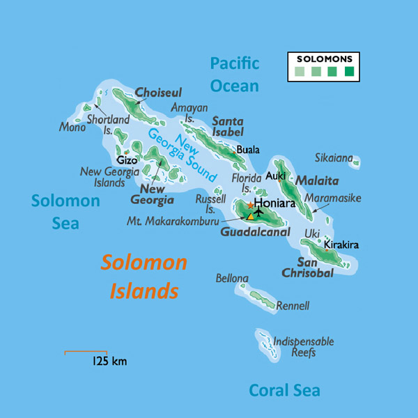 Large physical map of Solomon Islands with all cities and airports.