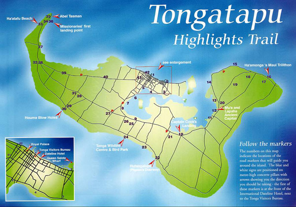 Large detailed travel map of Tongatapu Island, Tonga.