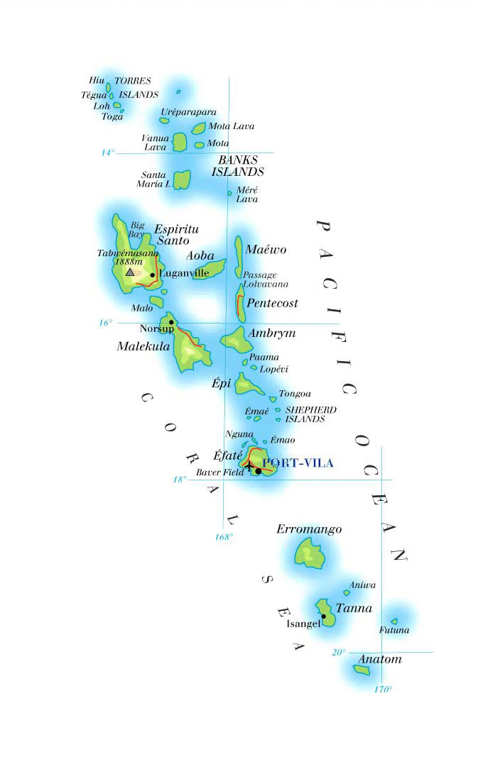 Detailed physical map of Vanuatu. Vanuatu detailed physical map.