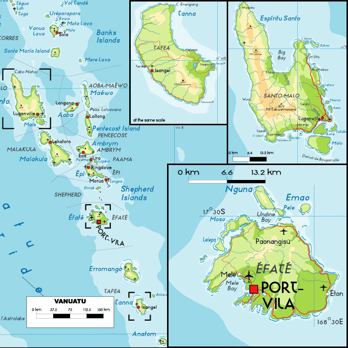 Detailed physical map of Vanuatu with cities and airports.