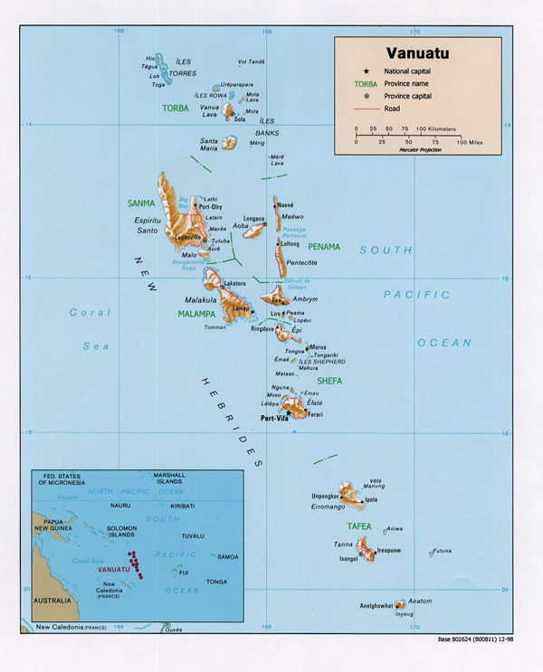 Detailed political and relief map of Vanuatu with roads and cities.