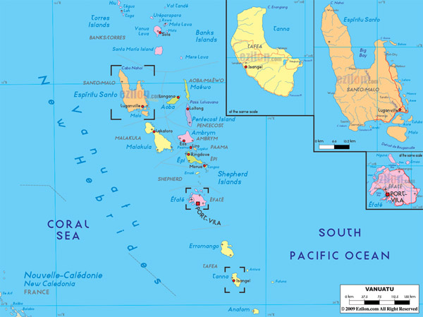 Large detailed administrative map of Vanuatu with all roads, cities and airports.