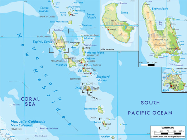 Large detailed physical map of Vanuatu with cities, roads and airports.