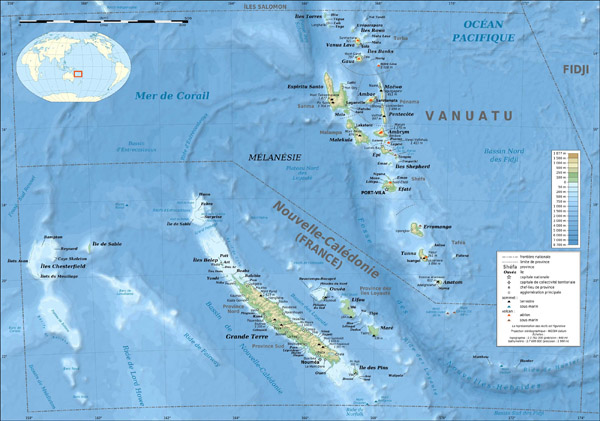 New Caledonia and Vanuatu bathymetric and topographic large detailed map.