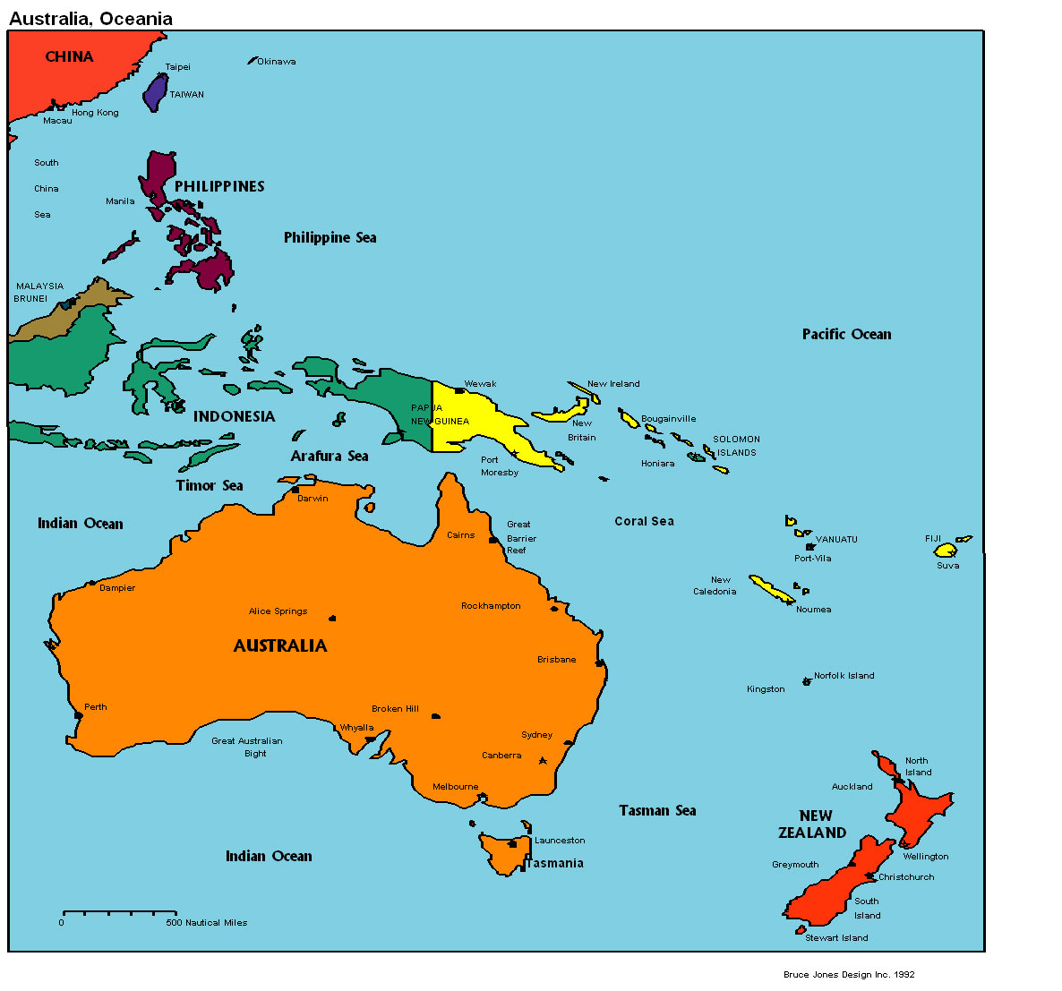 Political map of Australia and Oceania. Australia and Oceania political