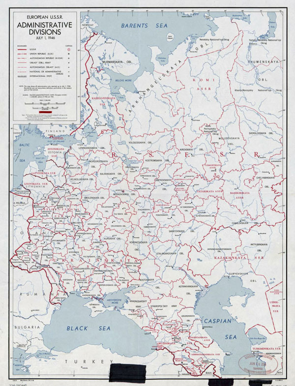 Detailed old administrative divisions map of European USSR - 1946.