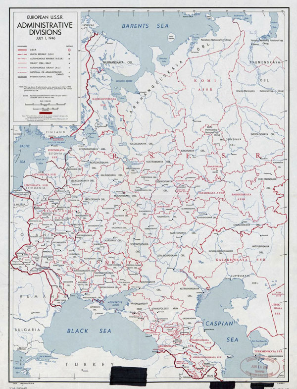 Detailed old administrative divisions map of European USSR – 1946