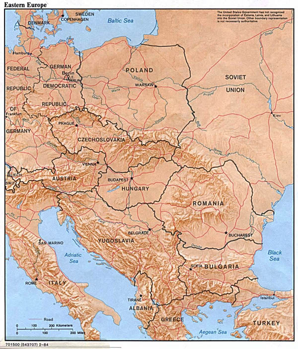 Detailed political map of Eastern Europe with relief - 1984.