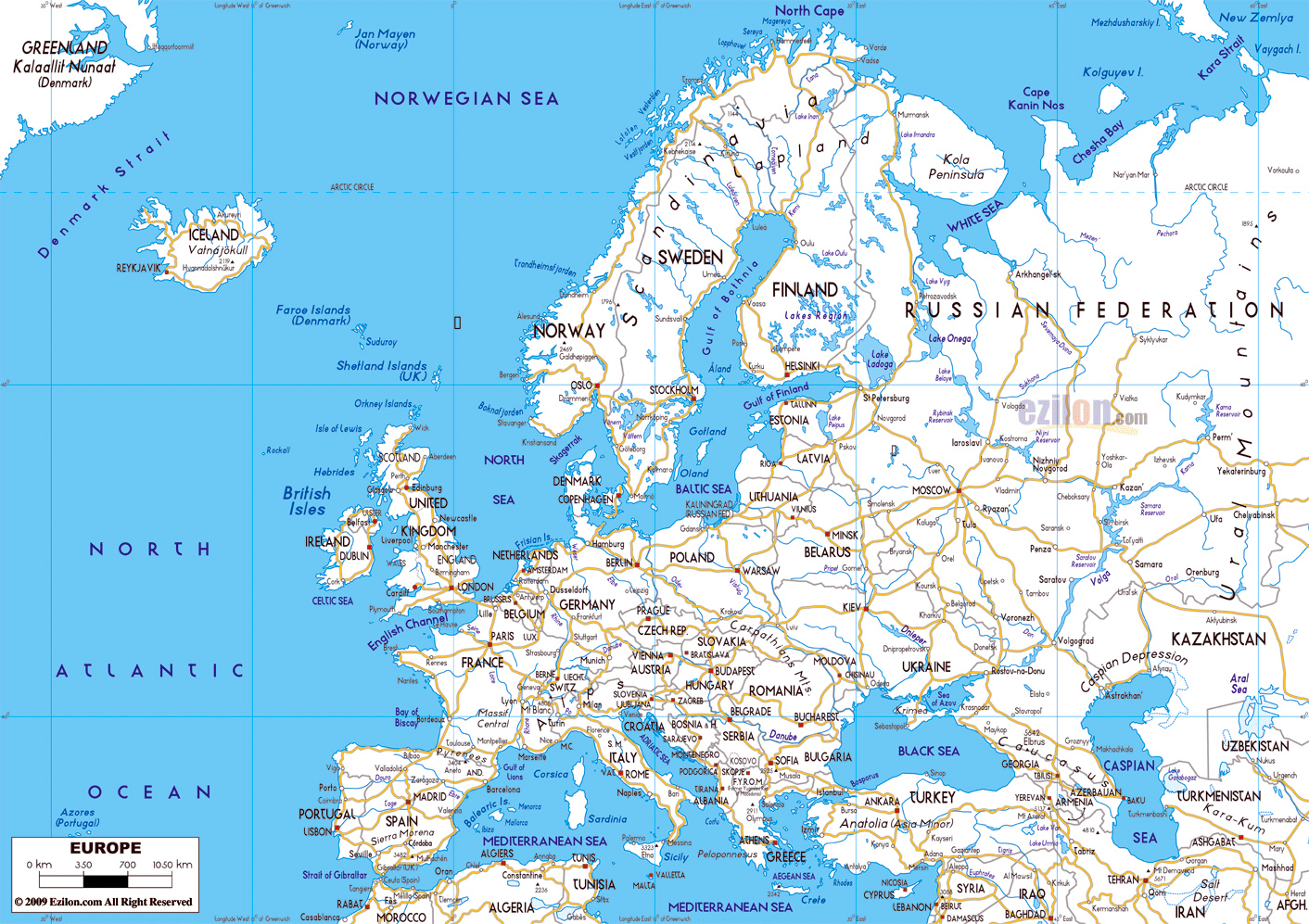 Detailed Roads Map Of Europe With Capitals And Major Cities Vidiani Com Maps Of All Countries In One Place