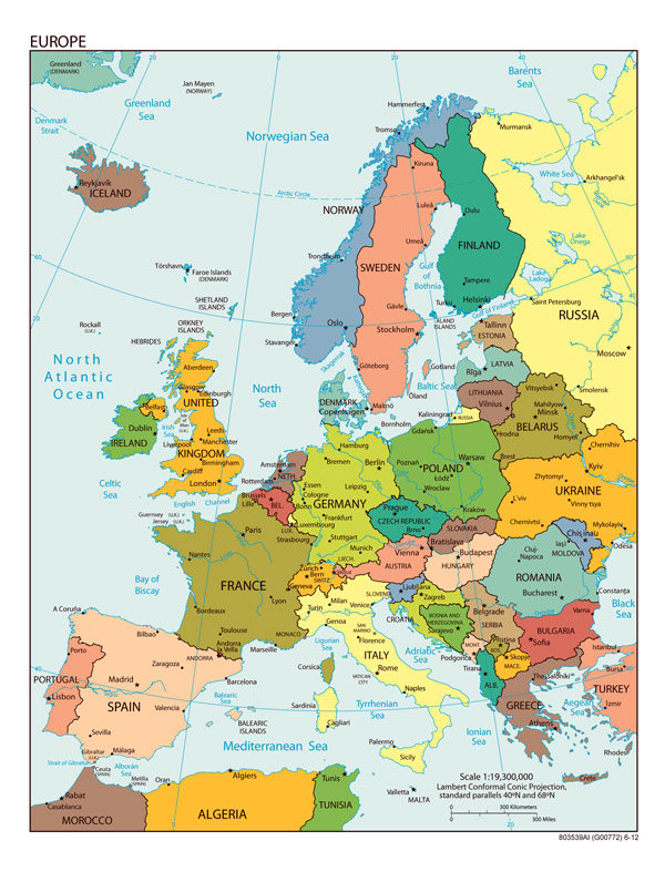 Large detailed political map of Europe with all capitals and major cities.