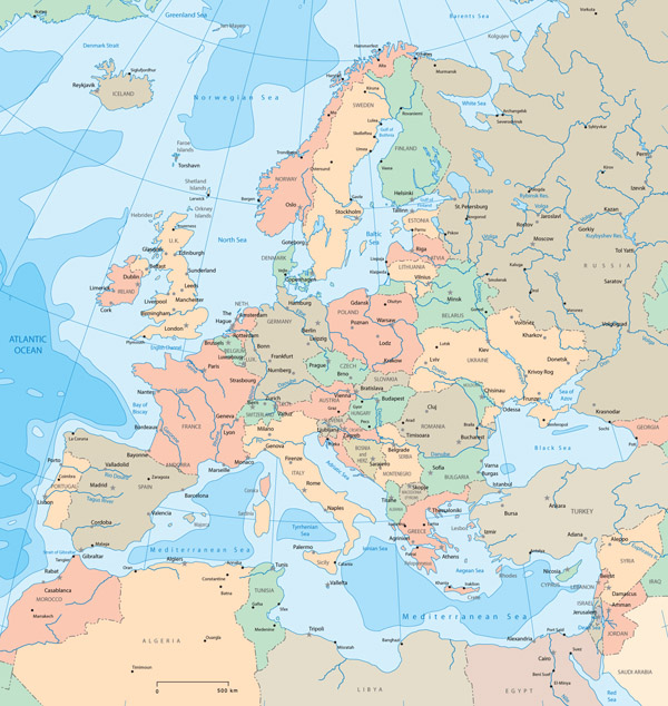 Large detailed political map of Europe.