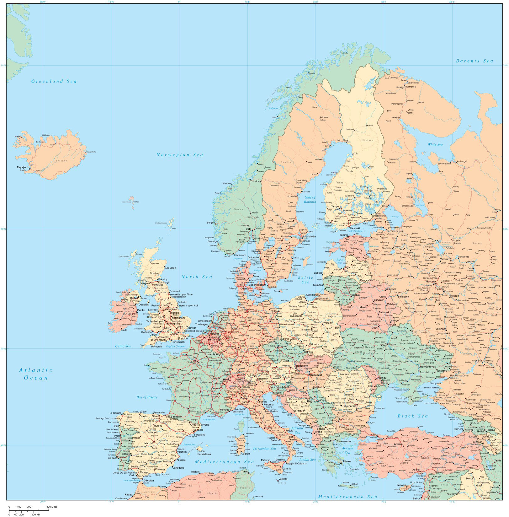 Large detailed political map of Europe with all cities and roads