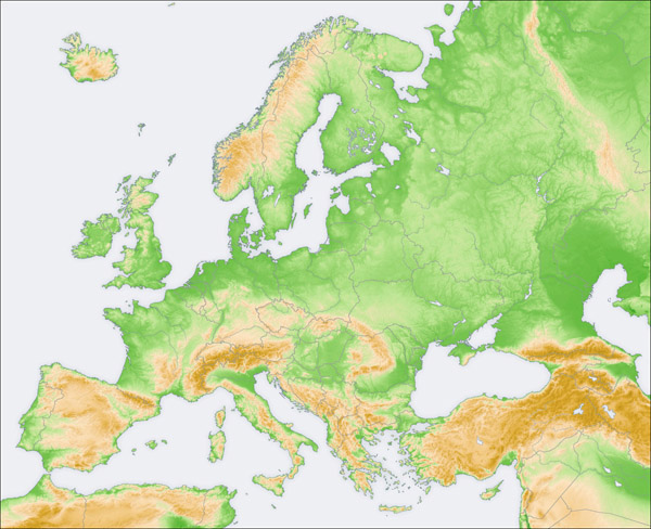Large detailed topographical map of Europe.