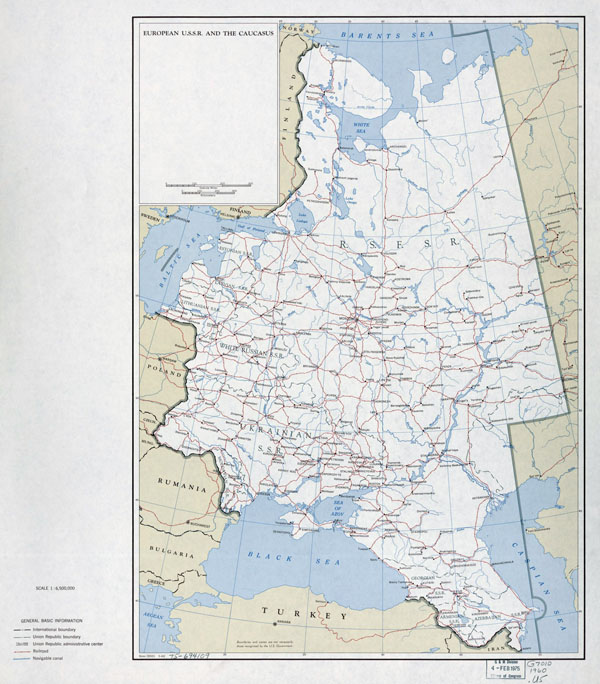 Large map of European USSR and the Caucasus with railroads - 1960.