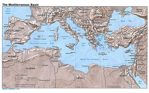 Large map of the Mediterranean Basin with relief - 1982.