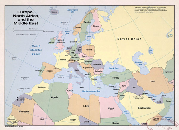 Large political map of Europe, North Africa and the Middle East - 1982.