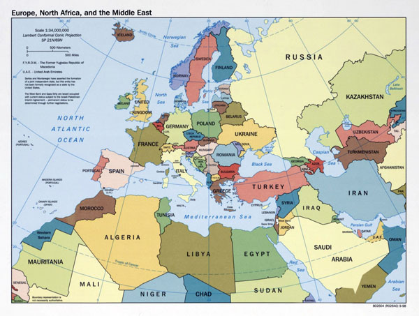 Europe, North Africa and the Middle East large political map - 1998.