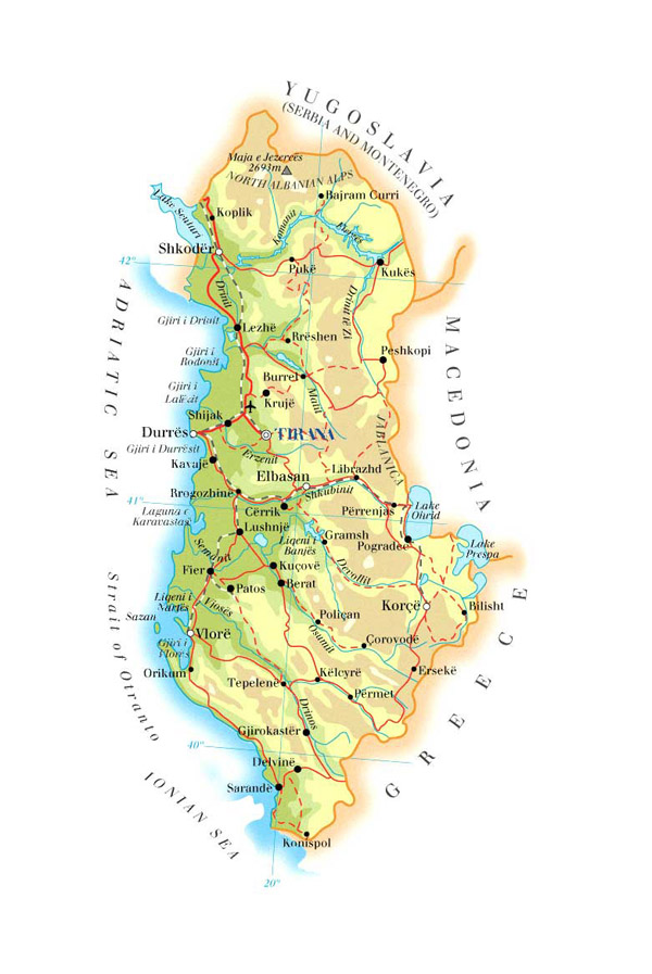 Detailed physical map of Albania with cities, roads and airports.