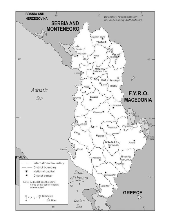 Albania detailed political and administrative map with national capital and district centers.