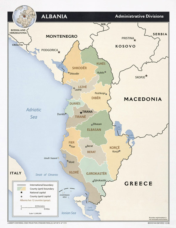 Large detailed administrative divisions map of Albania - 2008.