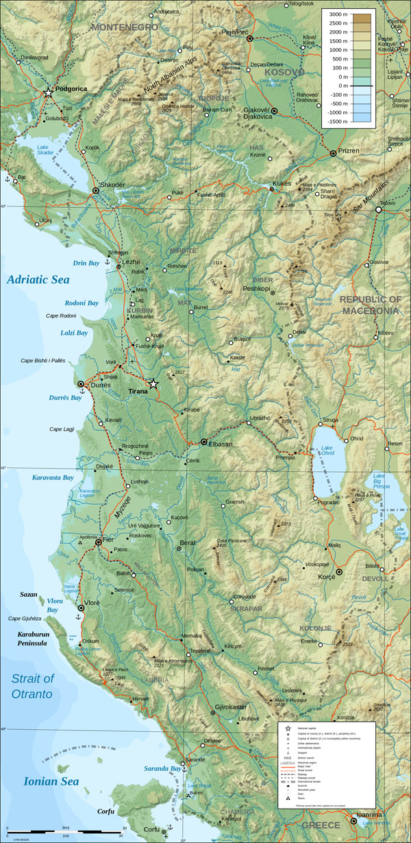 Large detailed physical map of Albania with roads and major cities.